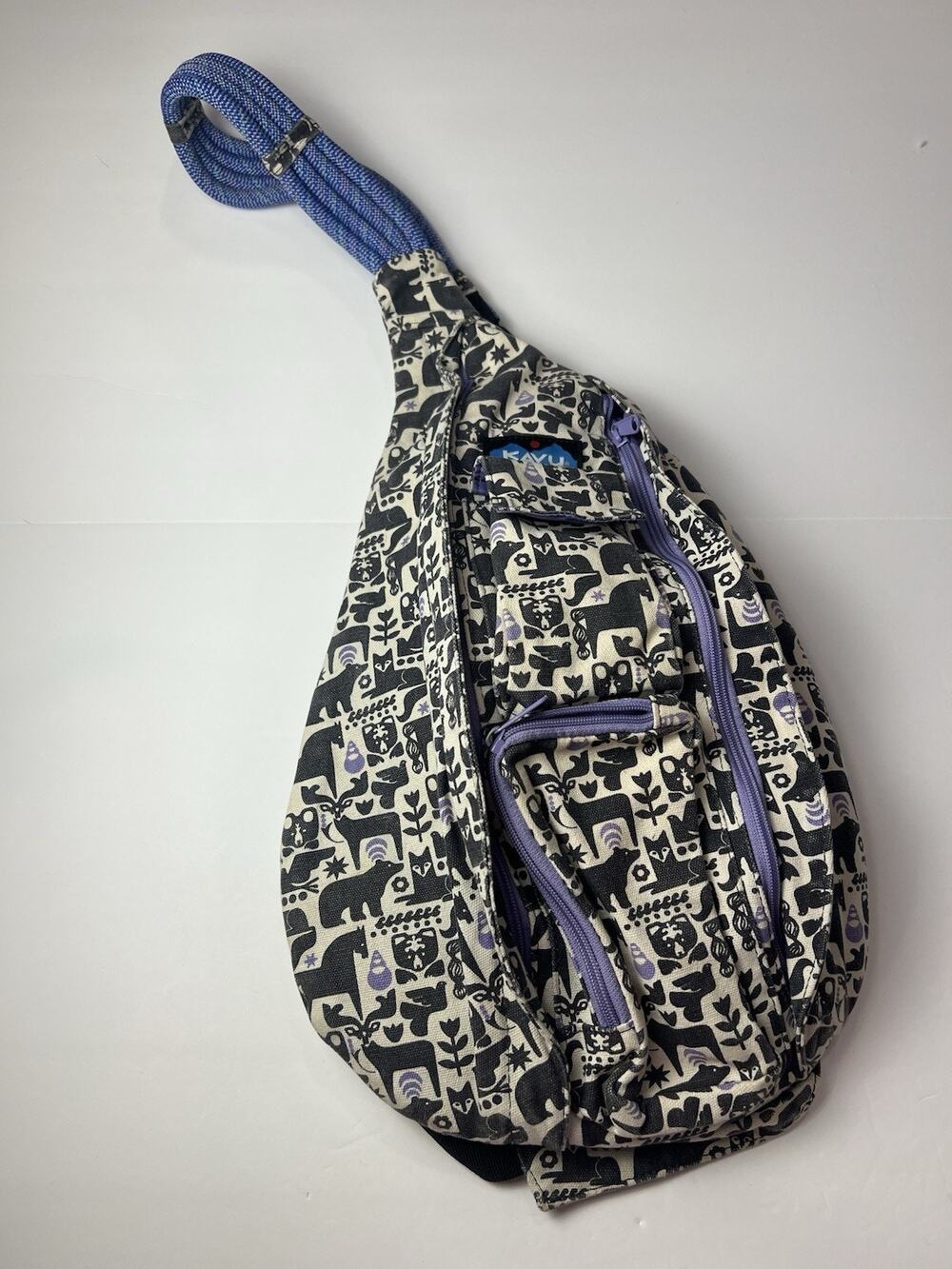 KAVU Rope Bag White Black Woodland Animal Print Canvas Sling Backpack Boho Folk
